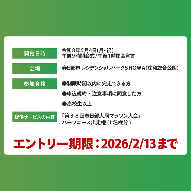 埼玉県春日部市のふるさと納税 「第38回春日部大凧マラソン大会」ハーフコース出走権｜埼玉県 春日部 市民イベント 河川敷  走者向け 20000円以内（CQ002）