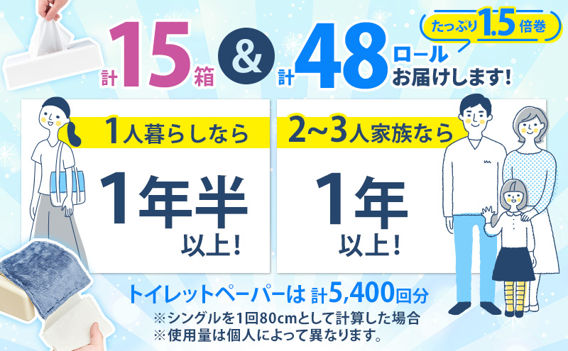 【CF】プリオール・ピコ トイレット ペーパー 1.5倍巻き シングル 90m 12ロール 4パック 計48ロール & ブライティア ソフト ボックスティッシュ 200組 400枚 15箱 (5箱×3) BOX 日本製 まとめ買い ティッシュ リサイクル 日本製 まとめ買い リサイクル 防災