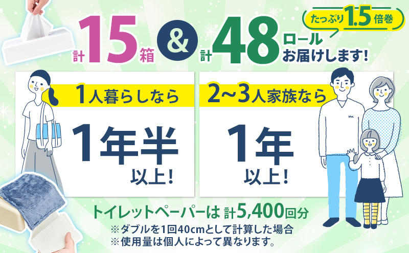 【CF】プリオール・ピコ トイレット ペーパー 1.5倍巻き ダブル 45m 12ロール 4パック 計48ロール & ブライティア ソフト ボックスティッシュ 200組 400枚 15箱 (5箱×3) BOX 日本製 まとめ買い ティッシュ リサイクル 日本製 まとめ買い リサイクル 防災