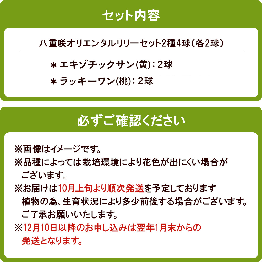 【ふるさと納税】ユリ球根 人気 八重咲 オリエンタルリリー セット 2種 4球 送料無料 ピンク イエロー 黄色 桃色