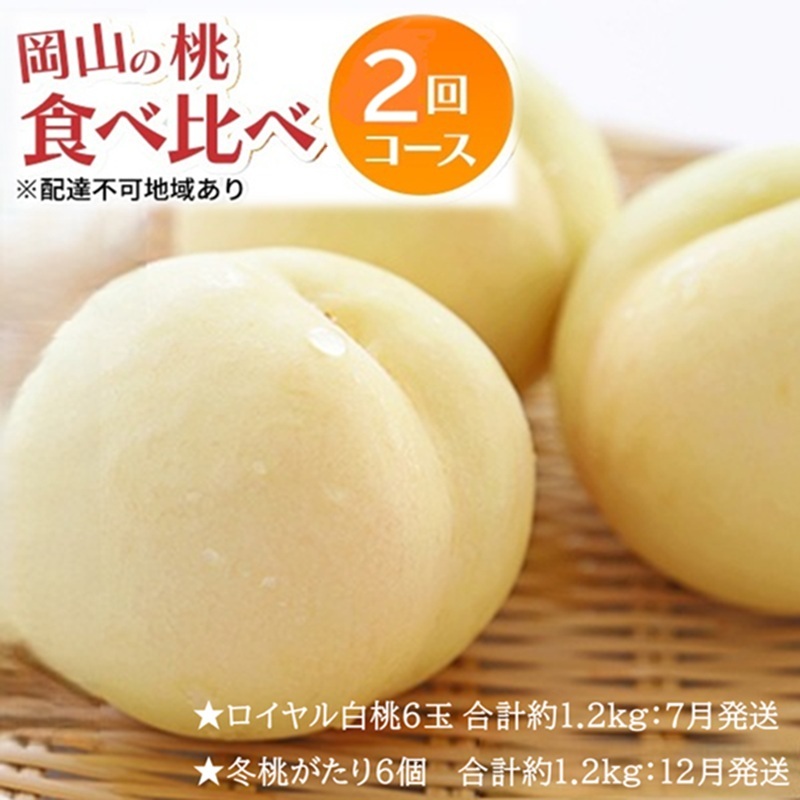 先行予約 晴れの国 岡山のフルーツ 定期便 2回コース 1回目ロイヤル白桃6玉 合計約1.2kg／2回目冬桃がたり6個 合計約1.2kg