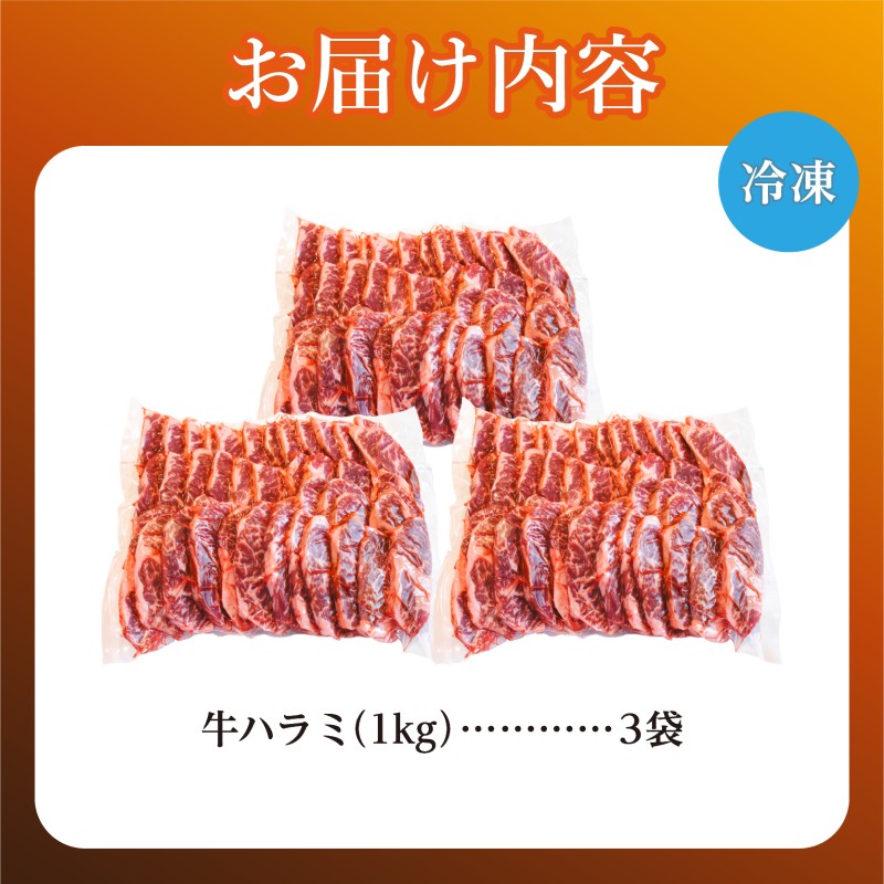 牛ハラミ 3kg 牛ハラミ 3キロ 厚切り 熟成 冷凍 大容量 スライス 牛肉 精肉 焼肉 BBQ バーベキュー おかず おつまみ 北海道 滝川市