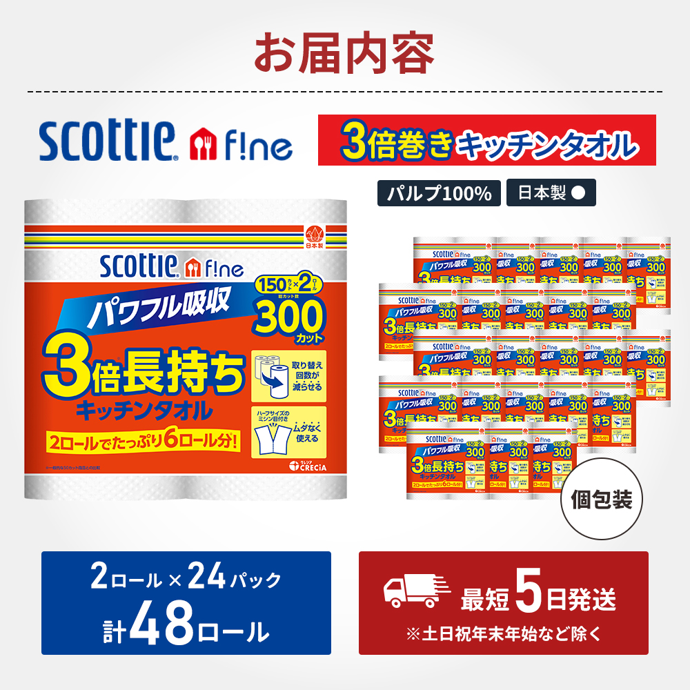 キッチンペーパー スコッティ 48ロール ファイン キッチンタオル 3倍巻き 150カット ペーパータオル