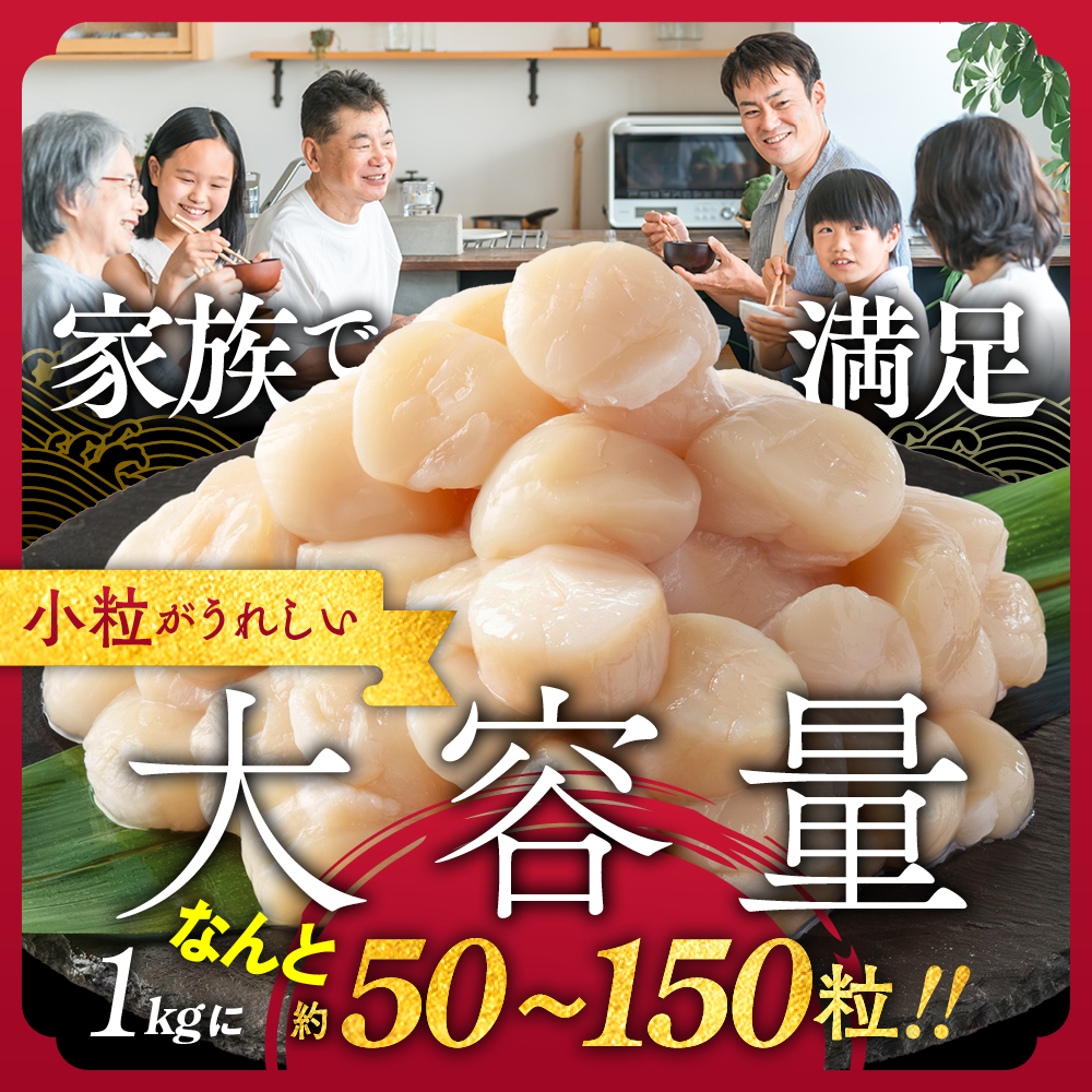 20-309 【訳あり】北海道オホーツク産ホタテ貝柱(生食用)小粒大入 1kg ｜ サイズ不揃い ワケアリ 訳あり ほたて ホタテ 帆立 貝柱 玉冷
