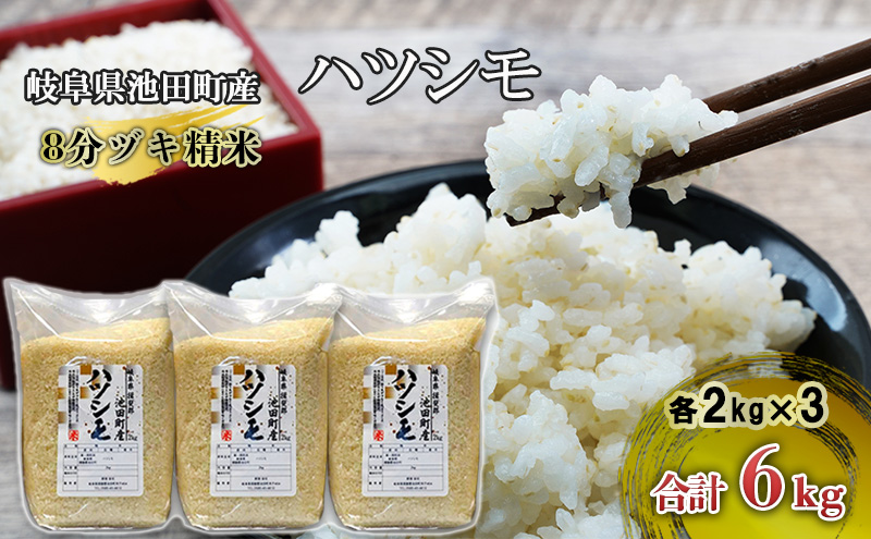 米 6kg (2kg×3袋) ハツシモ 池田町産 8分づき セット 分つき精米 お米 おこめ こめ コメ ごはん ご飯 有機肥料 減農薬栽培 はつしも 岐阜県 
