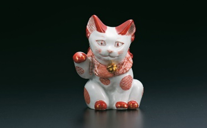 九谷焼　4号招き猫　赤絵細描丸紋　福島礼子作 a05 工芸品 