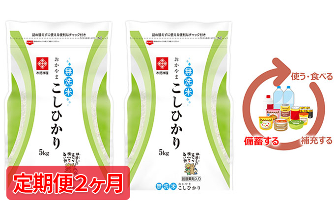 米 令和7年産【定期便2ヶ月】長鮮度米 無洗米 コシヒカリ 10kg（5kg×2袋） 岡山県産 お米 