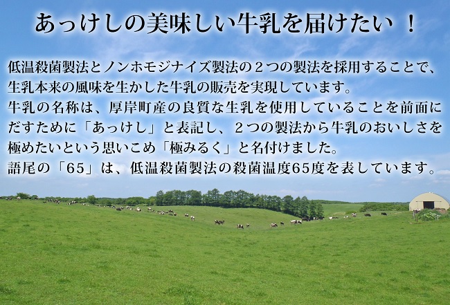 北海道 厚岸産 牛乳 あっけし極みるく65 たっぷり詰め合わせセット 牛乳 ミルク 