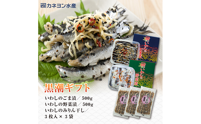 いわし 黒潮セット 漬魚 みりん干し おかず おつまみ つまみ 海鮮 魚介 魚介類 加工食品 醸造酢 生姜 唐辛子 黒煎りごま 人気の一品 酒の肴 海鮮セット 干物 ひもの イワシ ごま漬 野菜漬 