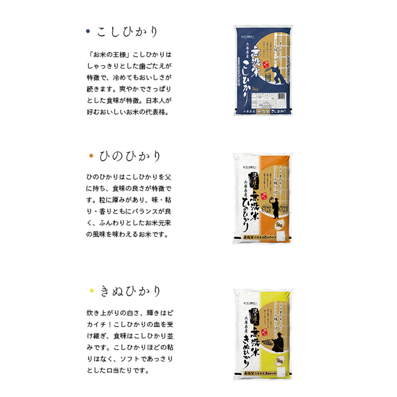 兵庫県小野市のふるさと納税 【3ヵ月連続お届け】精米人一押し！兵庫県産無洗米5kg×1袋 食べ比べ 定期便 お米 コシヒカリ ヒノヒカリ キヌヒカリ ３ヶ月 ３回