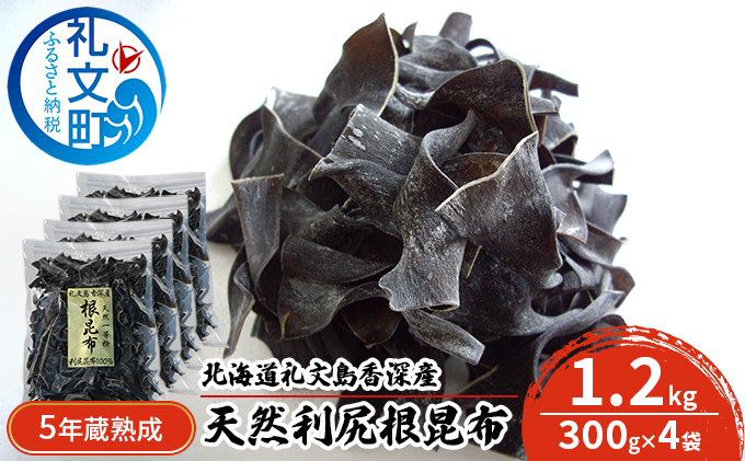 北海道礼文島香深産　5年蔵熟成 天然利尻根昆布1.2kg（300g×4袋） こんぶ コンブ 