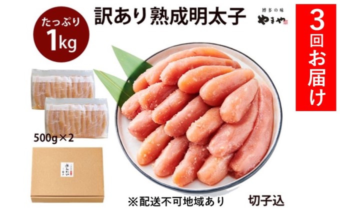 福岡県朝倉市のふるさと納税 定期便 3回 訳あり 明太子 大容量 やまや切子 冷凍1kg（500g×2）配送不可 離島 魚貝類