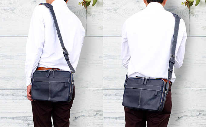 牛革　ショルダーバック横型　紺