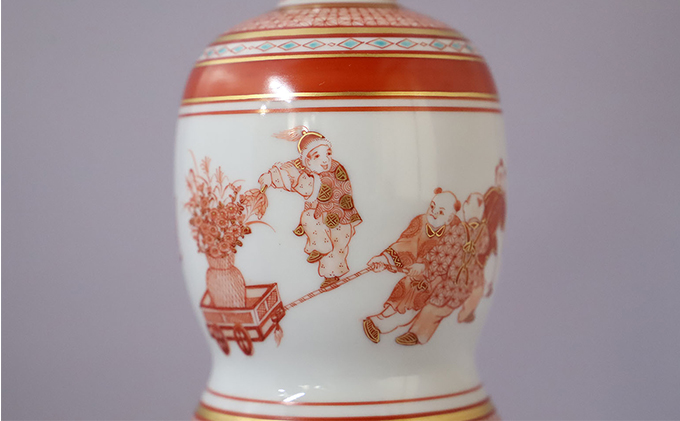 福島武山 赤絵唐子遊文九谷焼飾瓶 a05 民芸品 工芸品 
