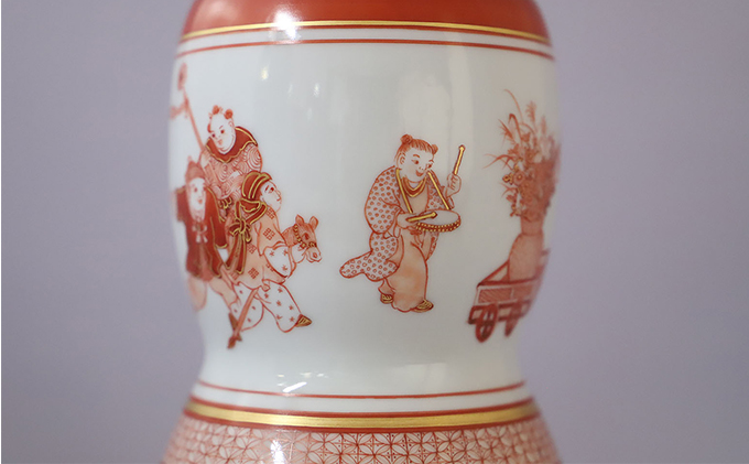 福島武山 赤絵唐子遊文九谷焼飾瓶 a05 民芸品 工芸品 