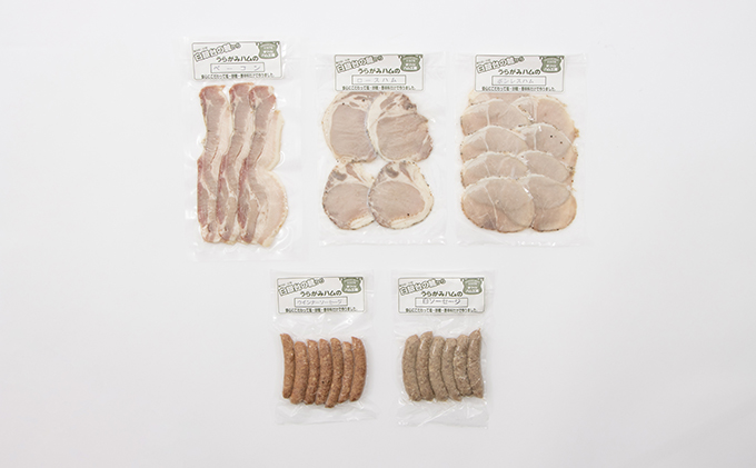 十勝の無添加豚 ソーセージ・ベーコン・ハム 5種セット 計479g［うらがみミート］ 無塩せき 保存料・結着剤不使用【ハム ソーセージ ウィンナー ベーコン 肉 豚 国産 惣菜 おつまみ 料理 燻製 加工品 北海道 十勝 幕別 】  