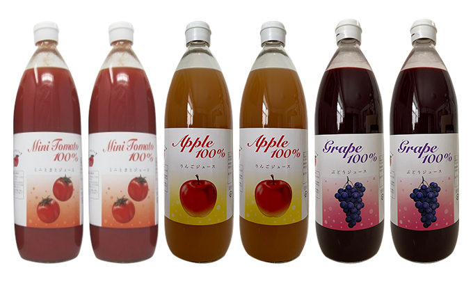 笠井園のジュース3種セット 計6本（ミニトマト リンゴ ブドウ：各1L×2本ずつ ）トマトジュース 飲料類 りんご 果汁飲料 野菜飲料 ぶどうジュース ジュース [くだものの笠井園]