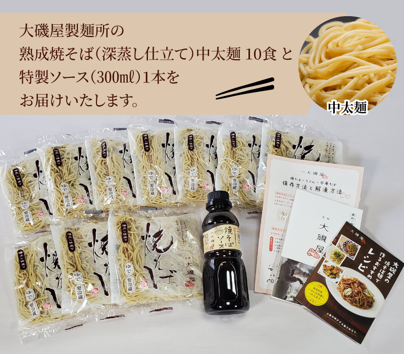 愛知県碧南市のふるさと納税 メディア紹介多数！大磯屋製麺所の熟成焼そば（深蒸し仕立て） 10食(中太麺) 特製ソース1本付き H014-023