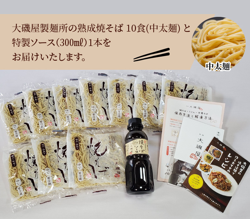 愛知県碧南市のふるさと納税 メディア紹介多数！大磯屋製麺所の熟成焼そば 10食(中太麺) 特製ソース1本付き　H014-023