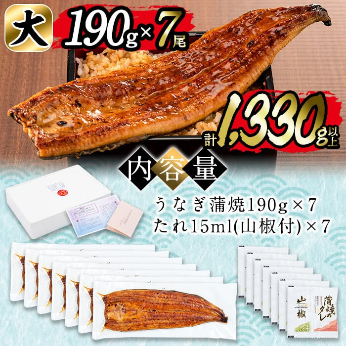 鹿児島県志布志市のふるさと納税 日ノ本一の鰻の蒲焼き＜大＞7尾セット(計1,330g以上) f0-034