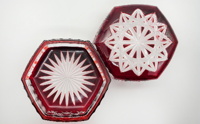 ヒロタグラスクラフト 江戸切子　紅 江戸切子　蓋物　八角篭目紋様 工芸品 雑貨 日用品 