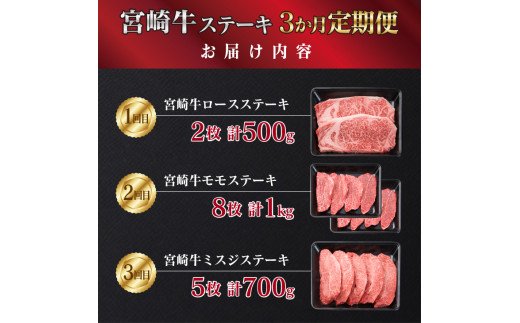 宮崎県日南市のふるさと納税 3か月 お楽しみ 定期便 宮崎牛 特選 ステーキ 総重量2.2kg 牛肉 黒毛和牛 ミヤチク ロース モモ ミスジ 国産 おかず 食品 焼肉 BBQ グルメ 人気 おすすめ 赤身 霜降り 希少部位 贅沢 高級 ご褒美 お祝 記念日 ブランド牛 お取り寄せ 宮崎県 日南市 送料無料_JB3-25