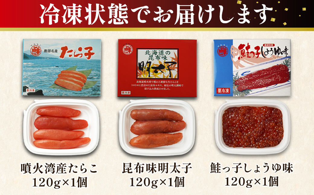 丸鮮道場水産】北海道産 たらこ・明太子・筋子のセット 各120g×1