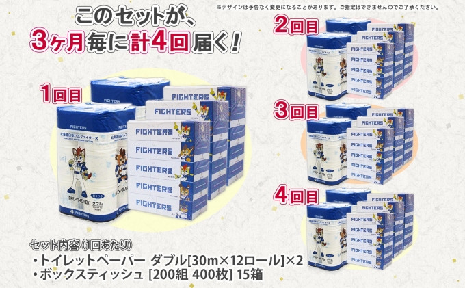 定期便 3カ月毎全4回 北海道産 日本ハムファイターズ トイレットペーパー 30m 24ロール ボックスティッシュ 200組 15箱 セット まとめ買い 生活必需品 備蓄 リサイクル 送料無料 ファイターズ グッズ 日ハム 日用品 
