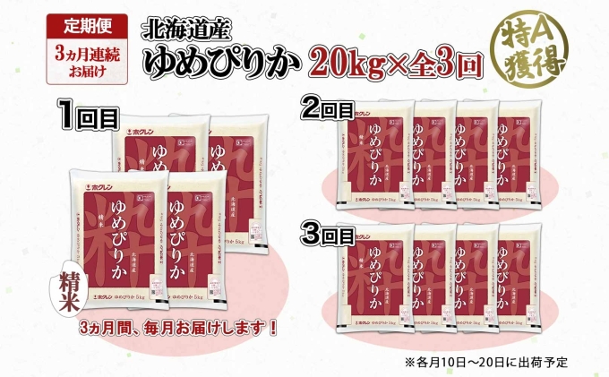 定期便 3ヶ月連続3回 北海道産 ゆめぴりか 精米 20kg 米 特A 獲得 白米 お取り寄せ ごはん 道産 ブランド米 20キロ お米 ご飯 米 北海道米 ようてい農業協同組合 ホクレン 送料無料 北海道 倶知安町 3カ月 