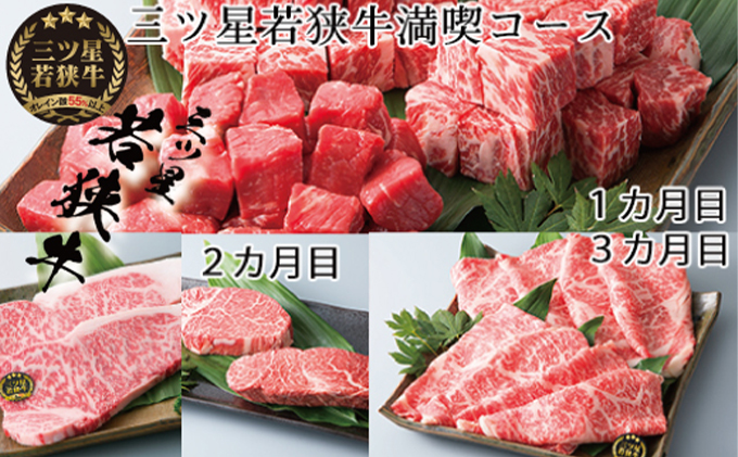 【福井県若狭町】若狭牛 定期便 3ヶ月 三ツ星若狭牛満喫コース2 高島屋 選定品 サイコロステーキ ステーキ肉 イチボ ヒレ サーロイン サーロインステーキ 焼肉 焼き肉 BBQ ロース すき焼き しゃぶしゃぶ すき焼き肉 牛肉 牛 肉 お肉 食べ比べ 冷凍 定期 3回