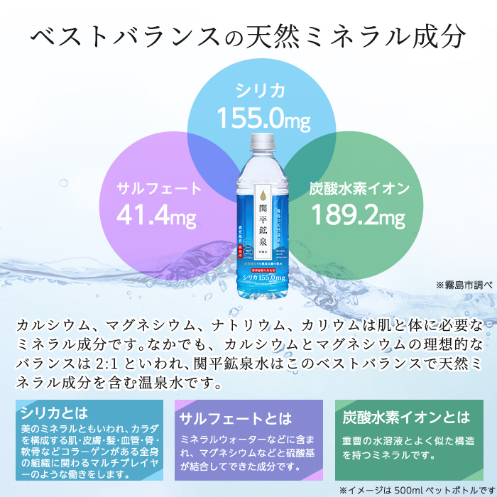 鹿児島県霧島市のふるさと納税 A-031 関平鉱泉水（ペットボトル）500ml×24本！美容と健康のミネラル成分シリカが豊富なミネラルウォーター【関平鉱泉所】霧島市 シリカ水