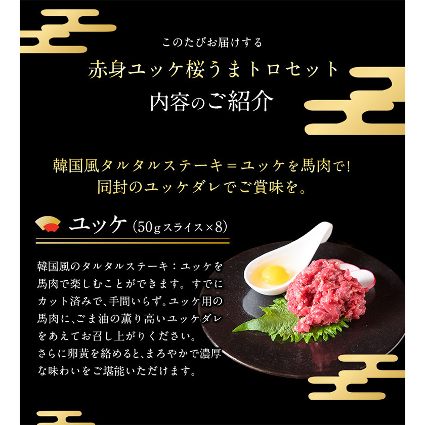 熊本県御船町のふるさと納税 赤身ユッケ桜うまトロセット 計1kg 1000g ユッケ 桜うまトロ(ネギトロ) 千興ファーム 馬肉 冷凍 《60日以内に出荷予定(土日祝除く)》 新鮮 さばきたて 真空パック 肉 熊本県御船町 馬刺し おつまみ