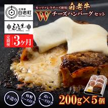 定期便3カ月 お楽しみ 白老牛 Ｗチーズ ハンバーグ セット 5個 モッツァレラ 特製ソース ベーコン 手造り BY088