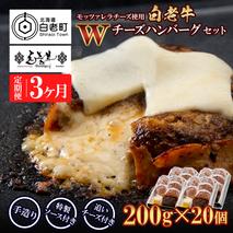 定期便3カ月 お楽しみ 白老牛 Ｗチーズ ハンバーグ セット 20個 モッツァレラ 特製ソース ベーコン 手造り BY094