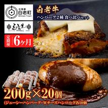 定期便6カ月 お楽しみ 白老牛 2種 食べ比べ ハンバーグ セット 合計20個 モッツァレラ ベーコン 網脂 特製ソース 手造り BY110