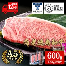 【定期便12カ月】 白老牛 サーロイン ステーキ 200ｇ×3枚 特製ソース付き 和牛 牛肉 ギフト 北海道 ＜徳寿＞