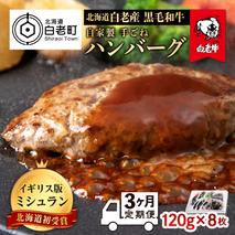 【定期便 3カ月】北海道 白老産 自家製 黒毛和牛 手ごね ハンバーグ 8枚セット