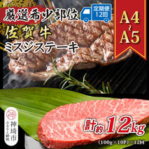 【12か月定期便】【厳選希少部位】【A4～A5】佐賀牛ミスジステーキ 約1kg(100g×10p)×12回【肉 牛肉 ブランド牛 黒毛和牛 ステーキ肉 ふるさと納税】(H112267)