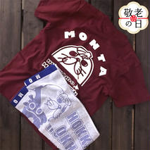 17-186 【敬老ギフト】ゆるキャラ紋太グッズ(Tシャツ[バーガンディーM]、タオル[ブルー])